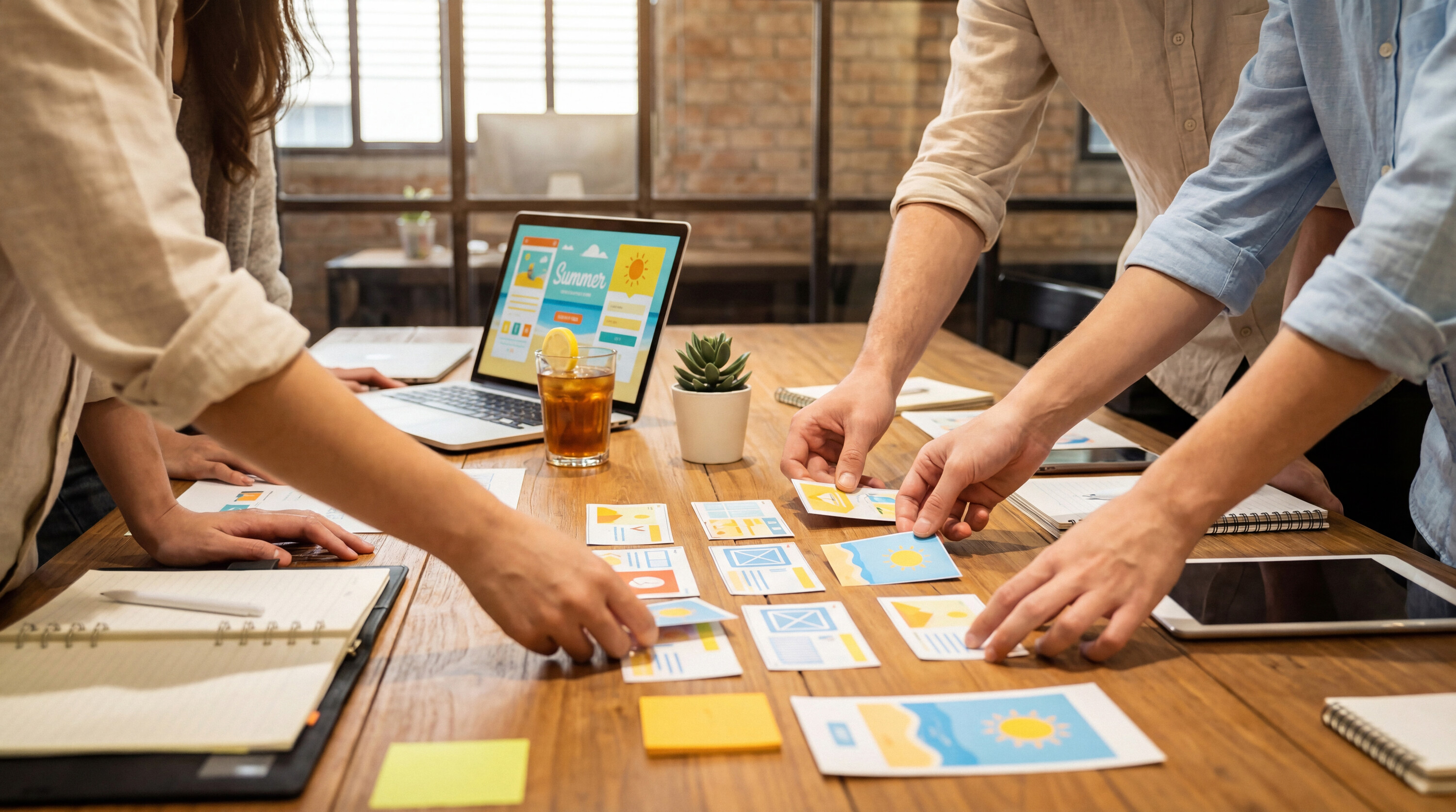 Creative team collaborates on visual content strategy, arranging summer-themed cards for a new digital project launch.