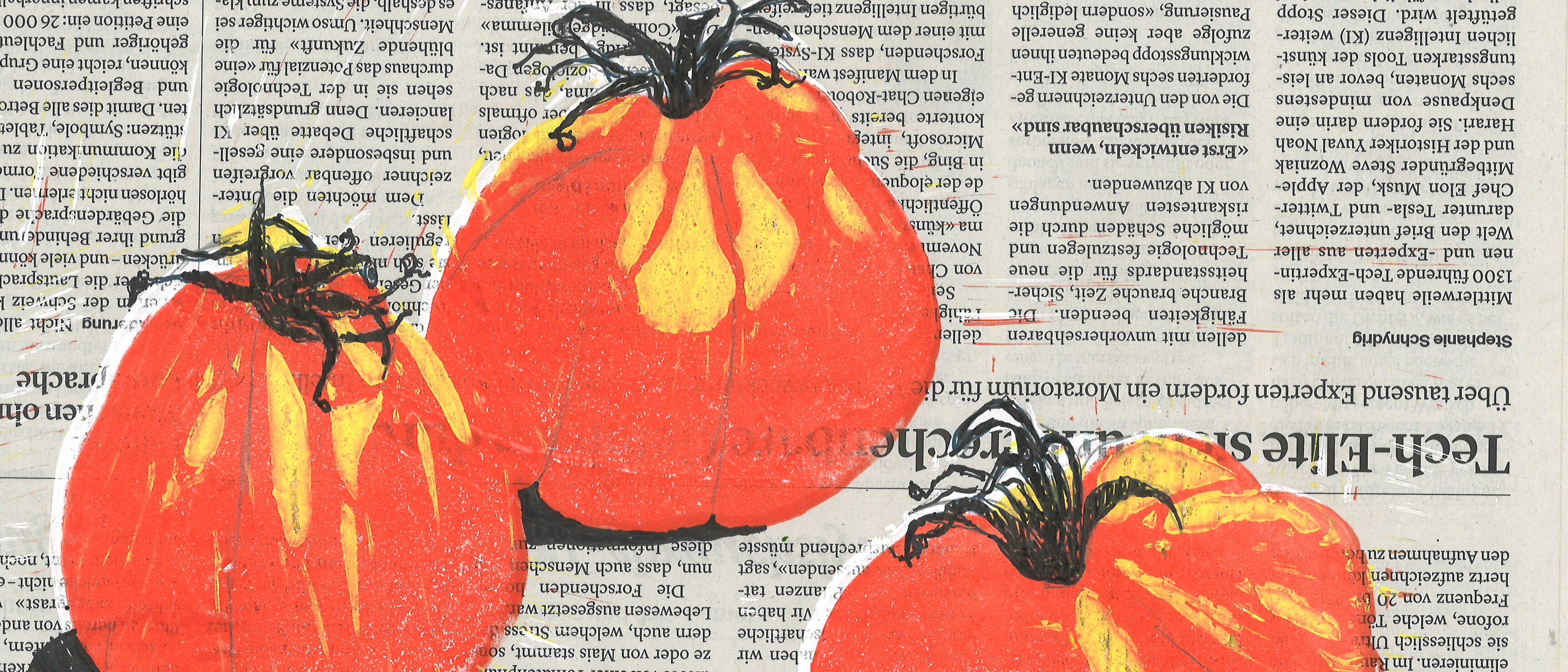 Der Student Balthasar Dahler hat Tomaten auf Zeitungspapier gemalt. 