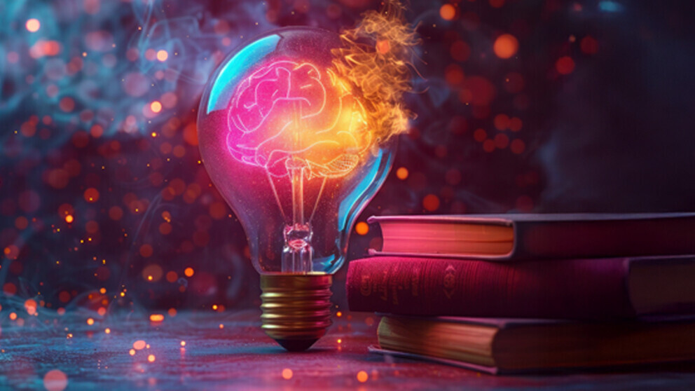 Angewandte Forschung und Entwicklung sowie Dienstleistungen an der OST Glühbirne mit stylisiertem Gehirn als Symbol für Forschung und Entwicklung