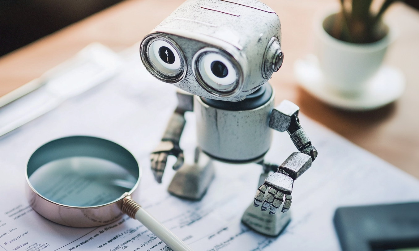 Ein Roboter (KI) und eine Lupe analysieren eine Bilanz um festzustellen, ob es sich um Bilanzfälschung handelt