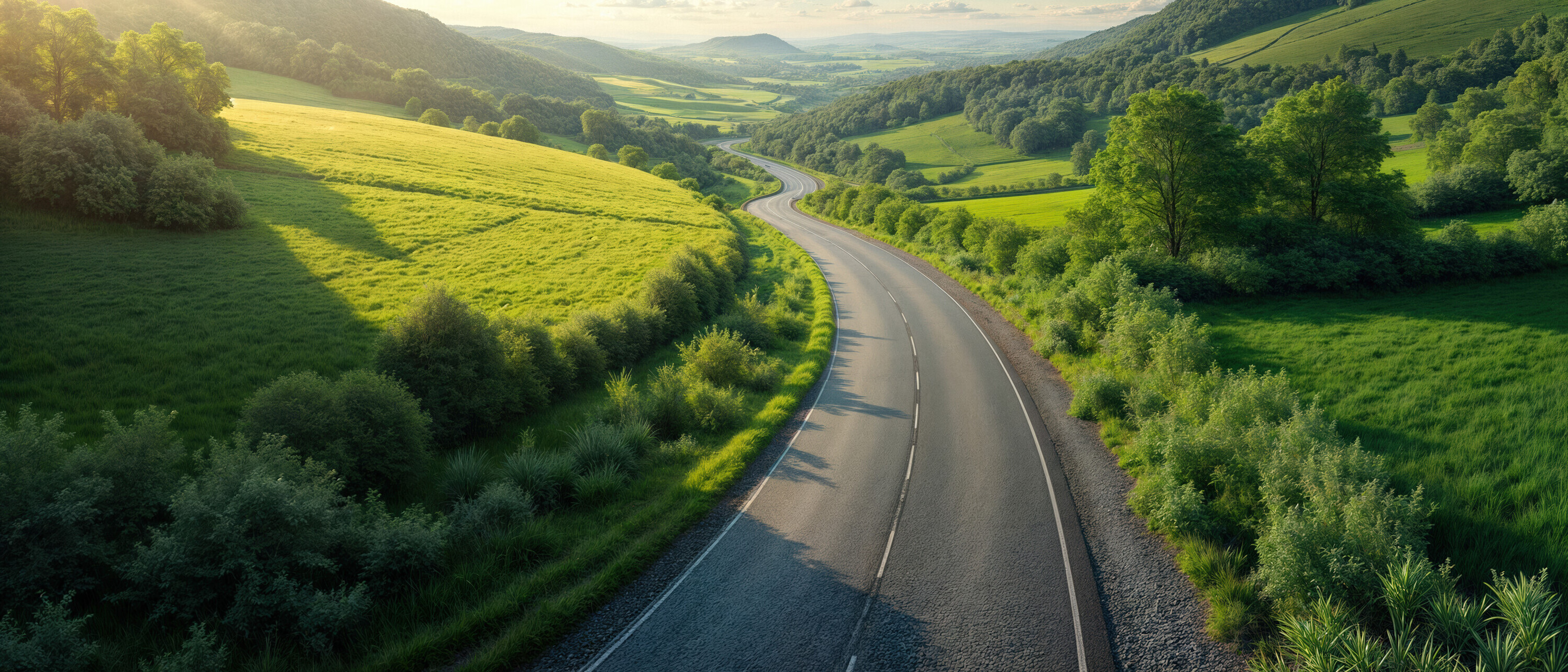 Nachhaltige Mobilität in idyllischer Natur: Straßen bei warmen Sonnenuntergang am Horizont durch kräftig grüne Landschaften für eine saubere Umwelt