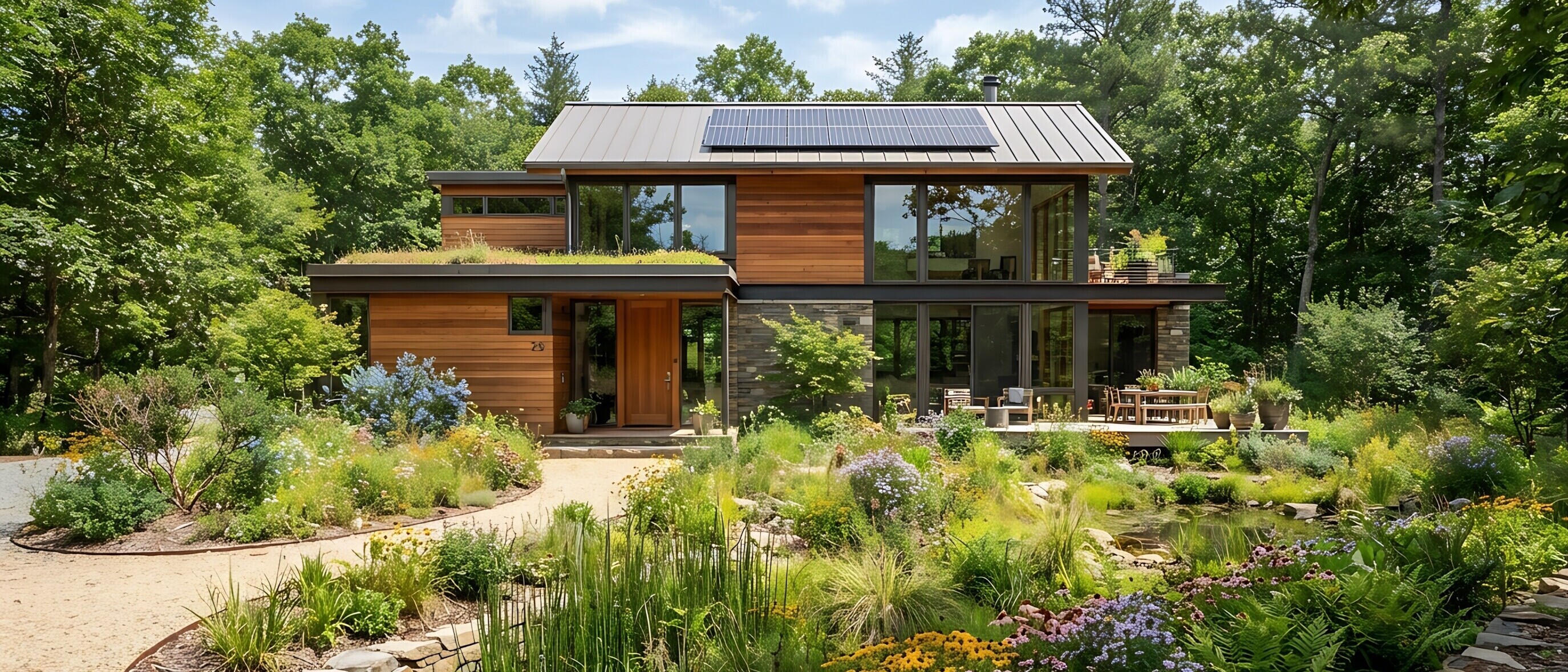 Modern eco friendly house features solar panels and a lush wild garden landscape.