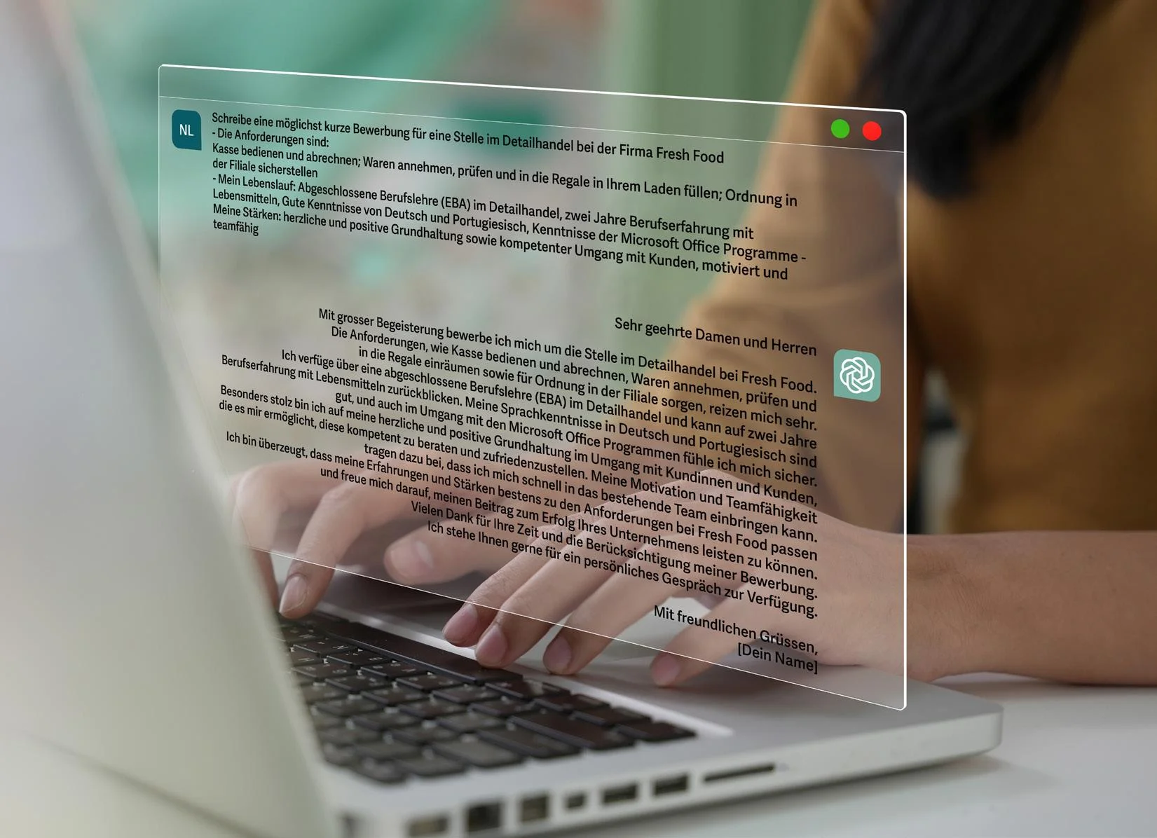 ChatGPT als Beispiel von angewandter künstlicher Intelligenz Hände auf Laptop zur Visualisierung des ChatGPT
