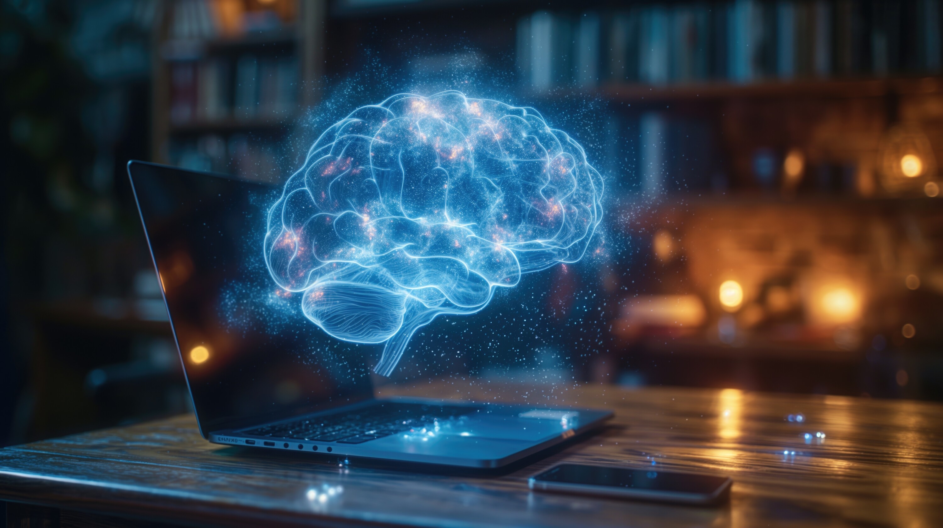 Digital brain hologram emerging from laptop in cozy library background with smartphones. Artificial intelligence, machine learning, neural networks, innovative technology, digital transformation.