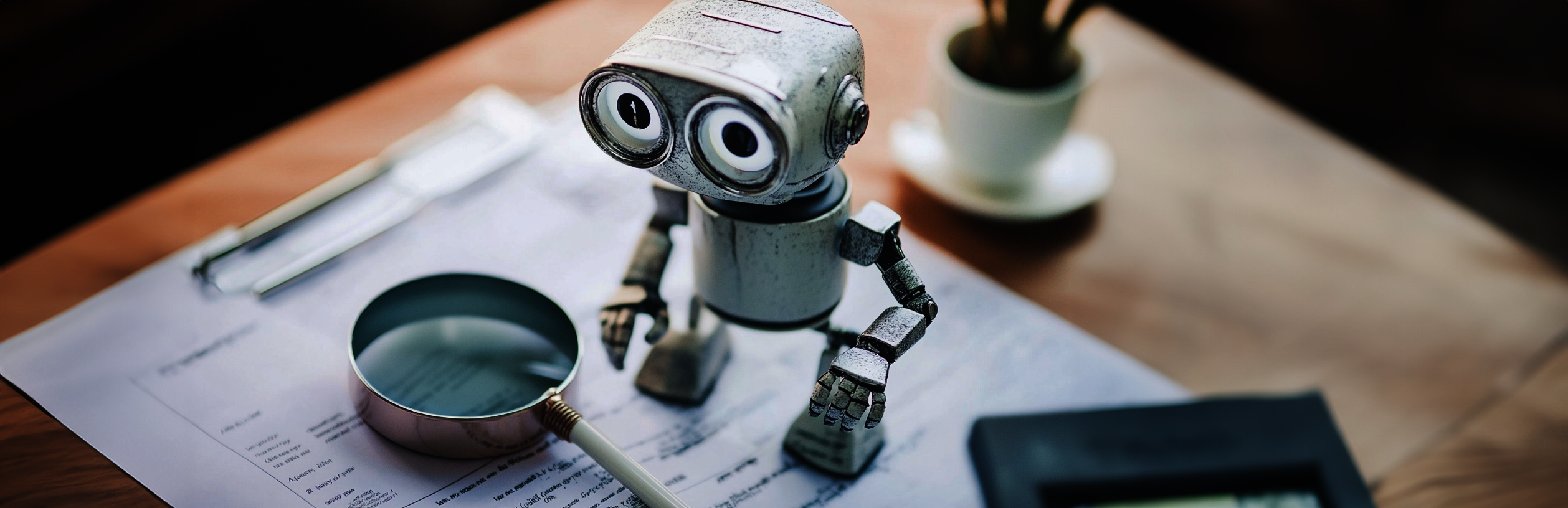 Ein Roboter (KI) und eine Lupe analysieren eine Bilanz um festzustellen, ob es sich um Bilanzfälschung handelt