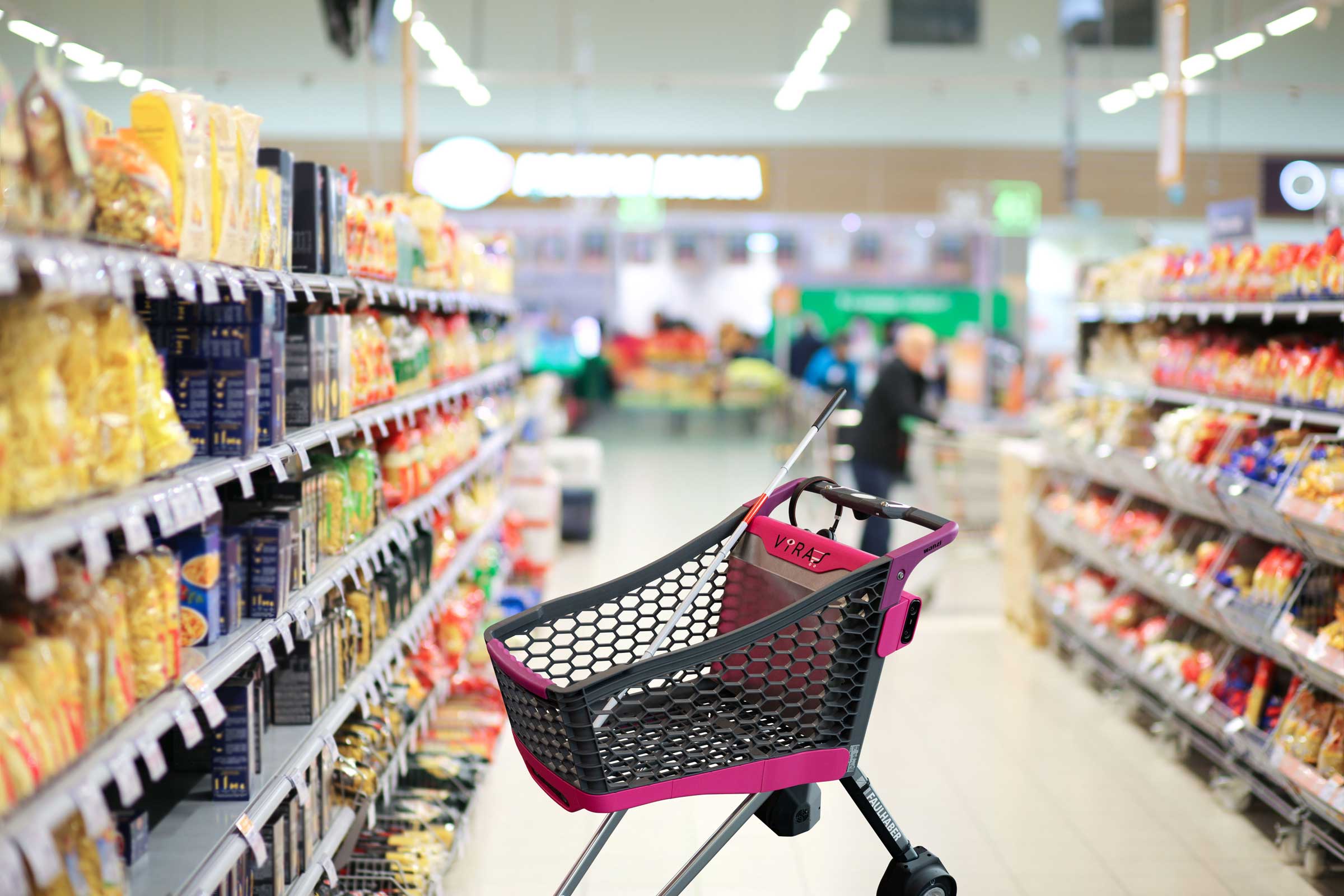 VIRAS-Einkaufswagen mit weissem Blindenstock