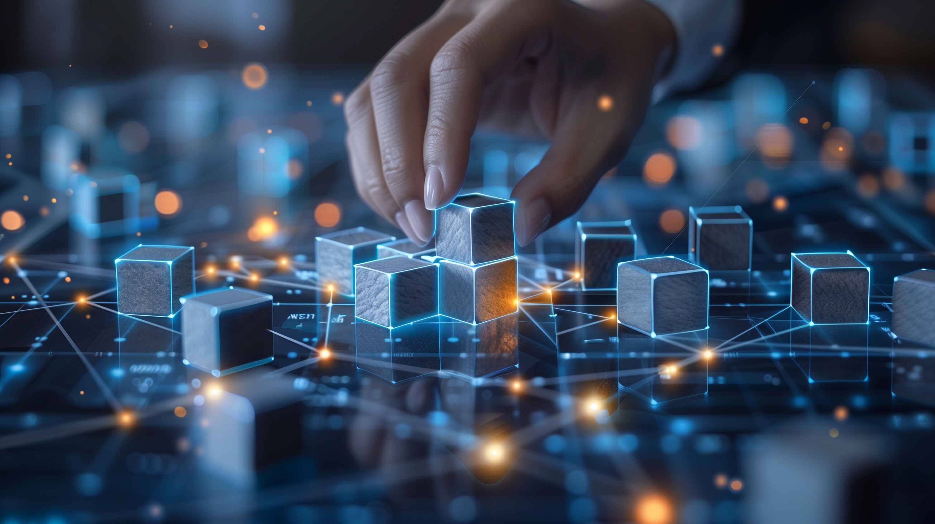 A hand arranges glowing blocks on a digital interface, representing the construction of advanced technological systems. This image highlights the intersection of technology and business strategy.