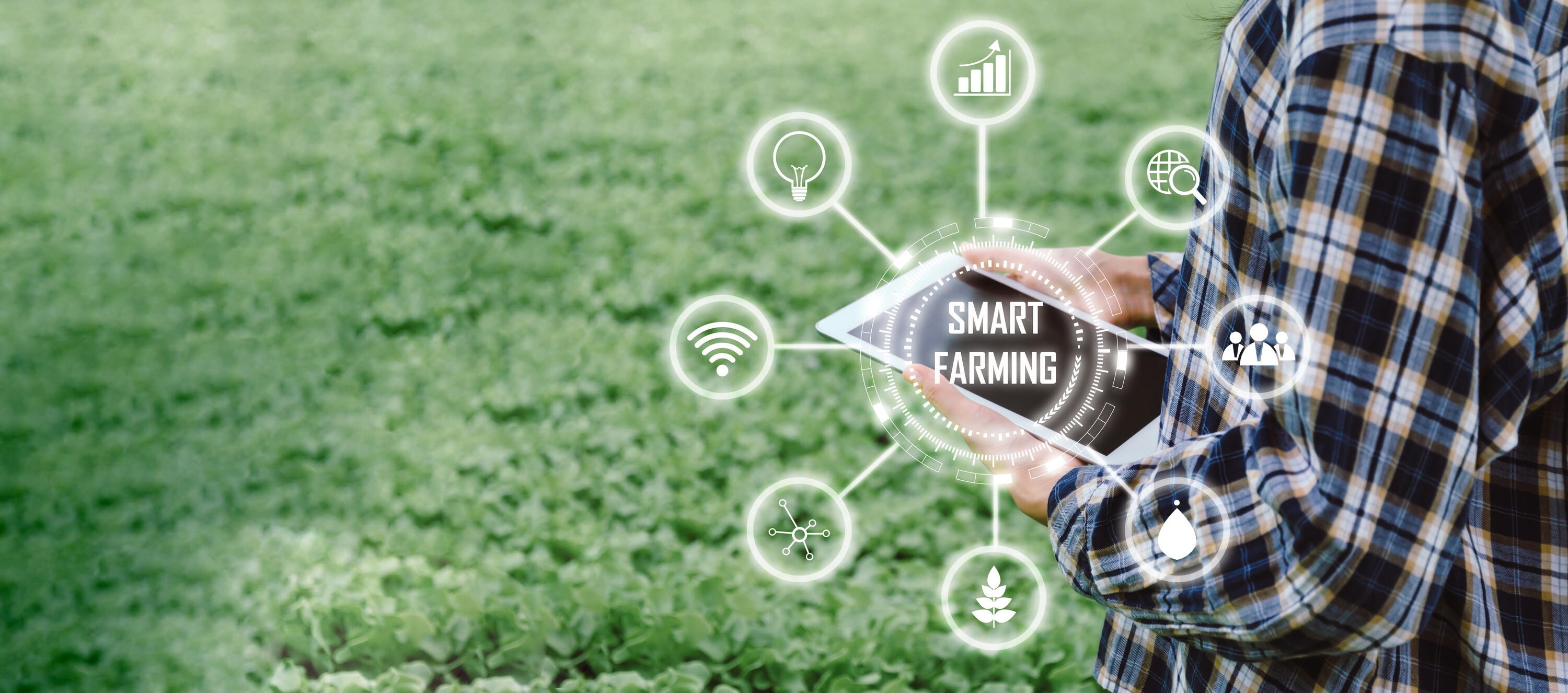Hand mit Tablet und eingeblendeten Symbolen rund um Smart Farming
