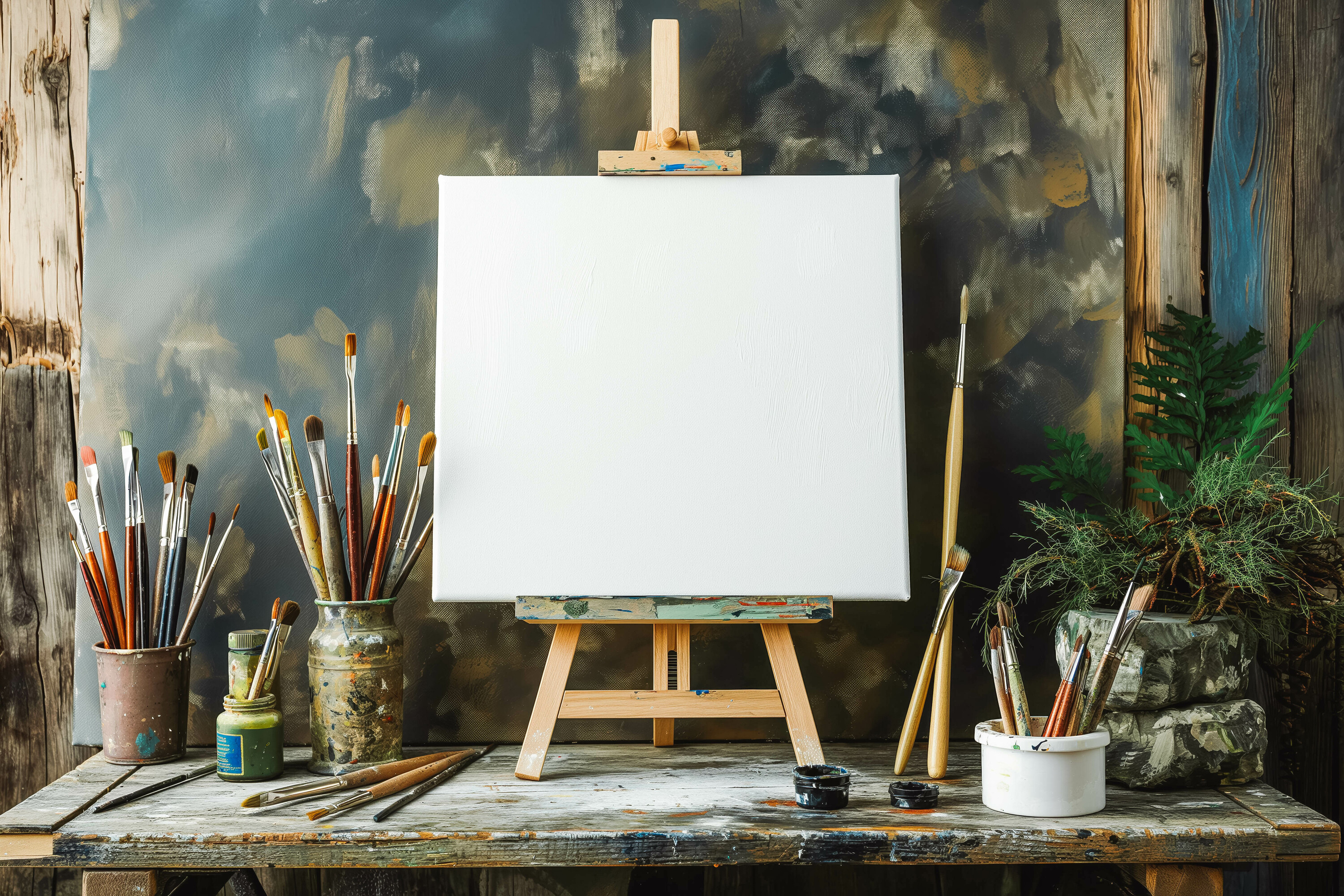 Art painting easel with blank white canvas painters brushes and paint tools with copyspace