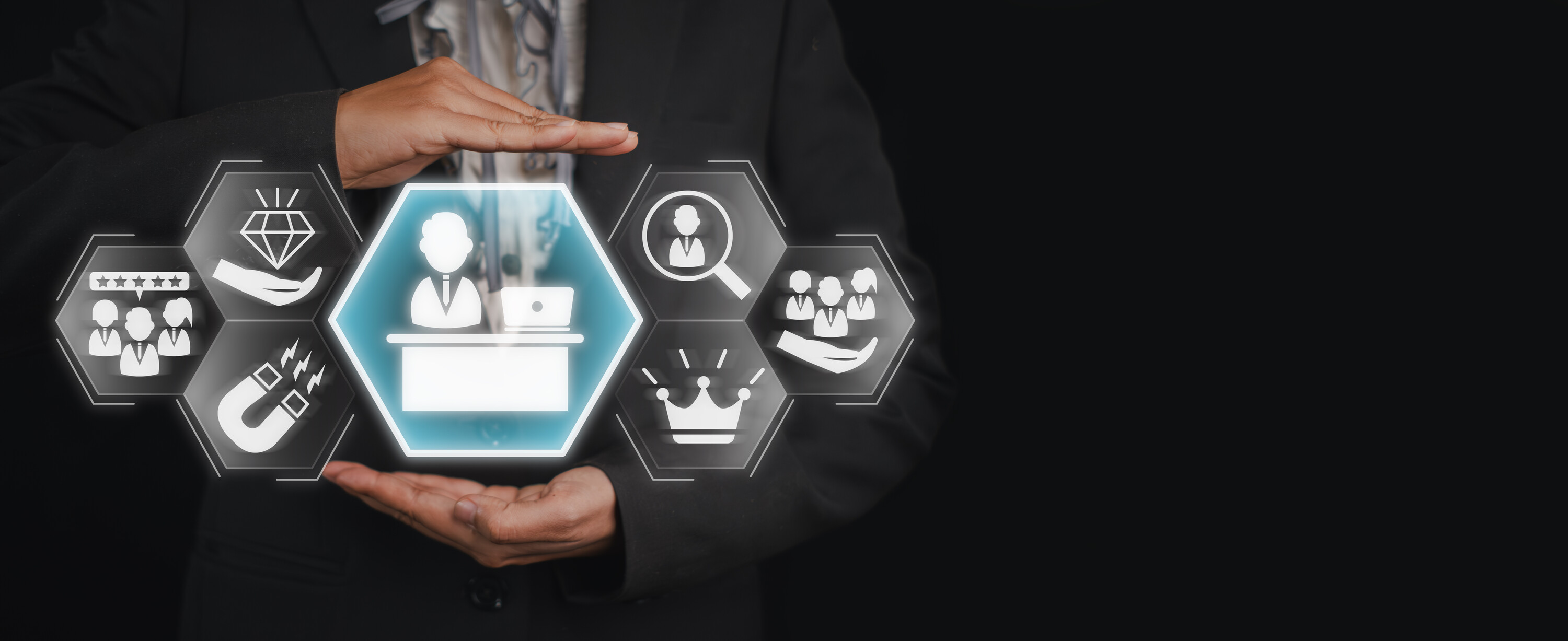 Employer branding concept, Businesswoman hands holding employer, reputation, value, retention, recruitment and attraction icon on virtual screen.