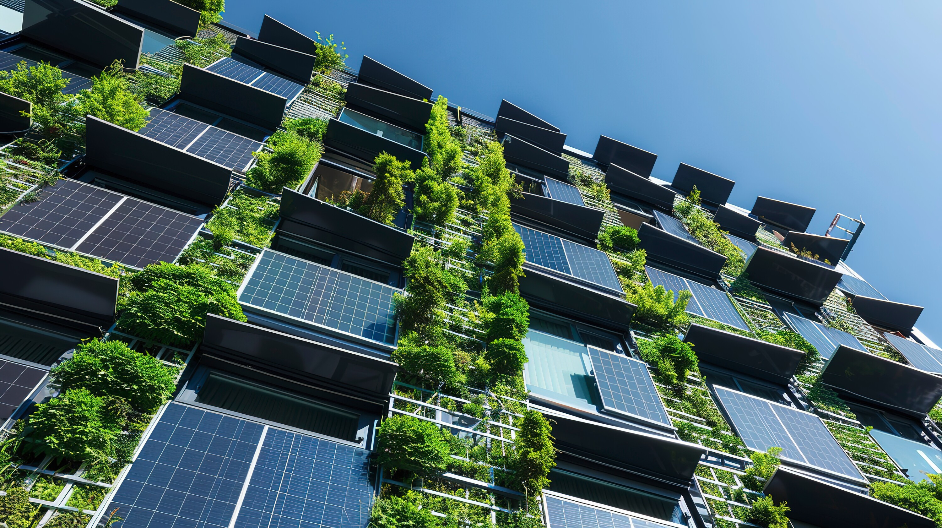 Close-up of an eco-friendly building facade with solar panels and green walls, illustrating integrated energy-saving technologies.