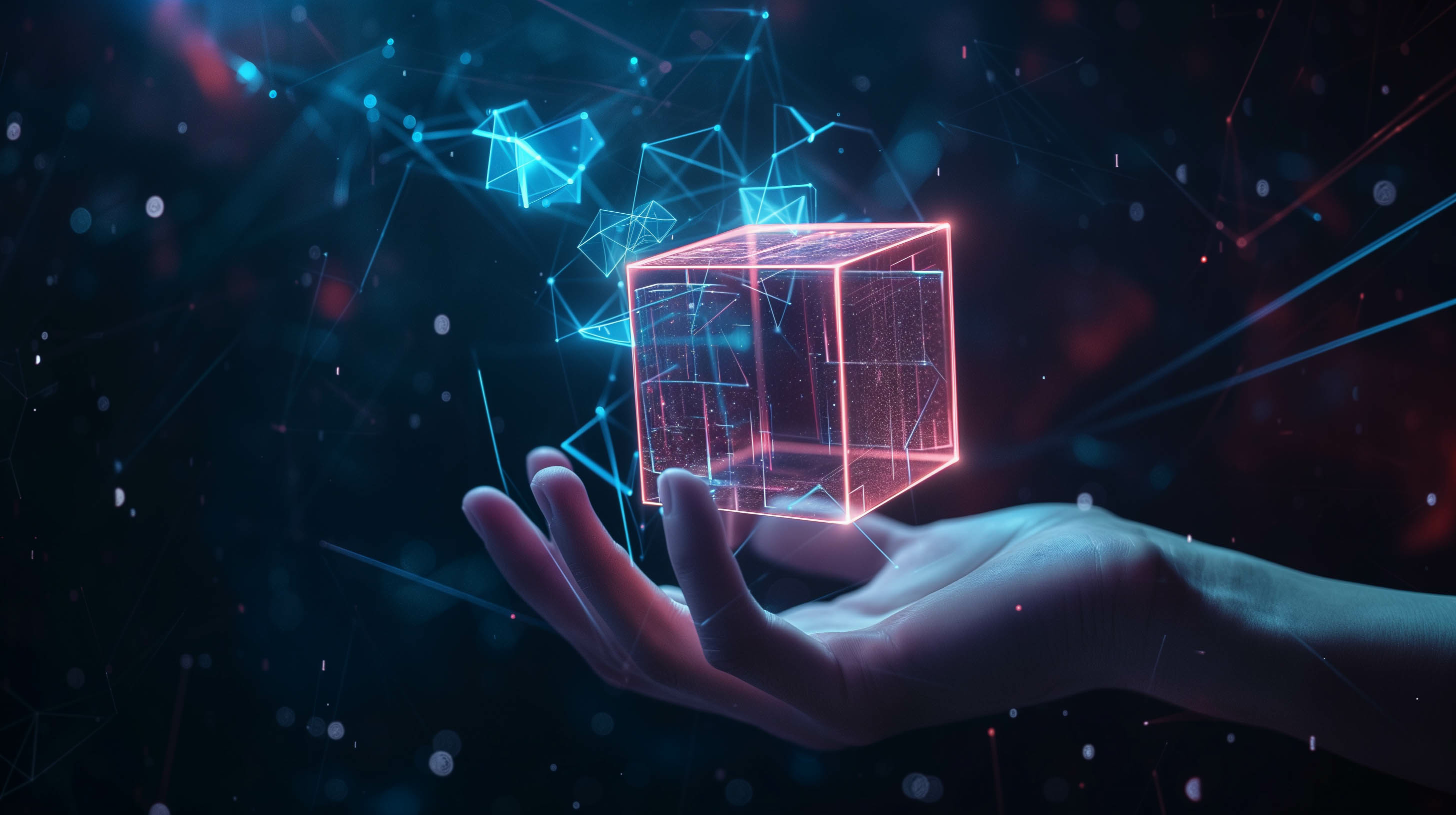 Angewandte Künstliche Intelligenz an der OST angewandte Künstliche Intelligenz visualisiert mit einer Hand, welche einen leuchtenden Würfel hält