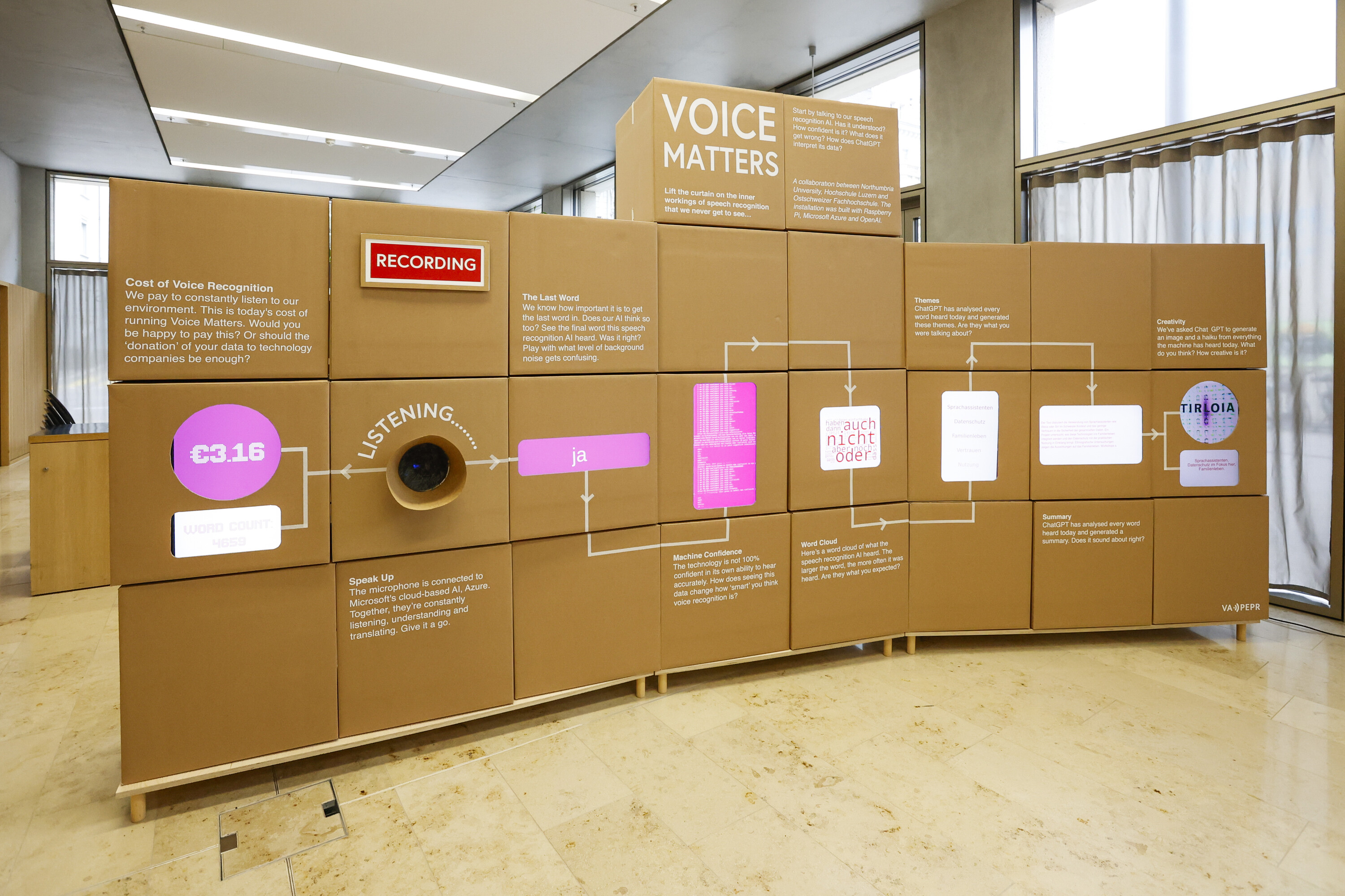 Installation "Spracherkennung mit Künstlicher Intelligenz erleben" Installation in Form einer grossen Wand, mit welcher die Spracherkennung mit Künstlicher Intelligenz dargestellt und selbst erlebt werden kann.