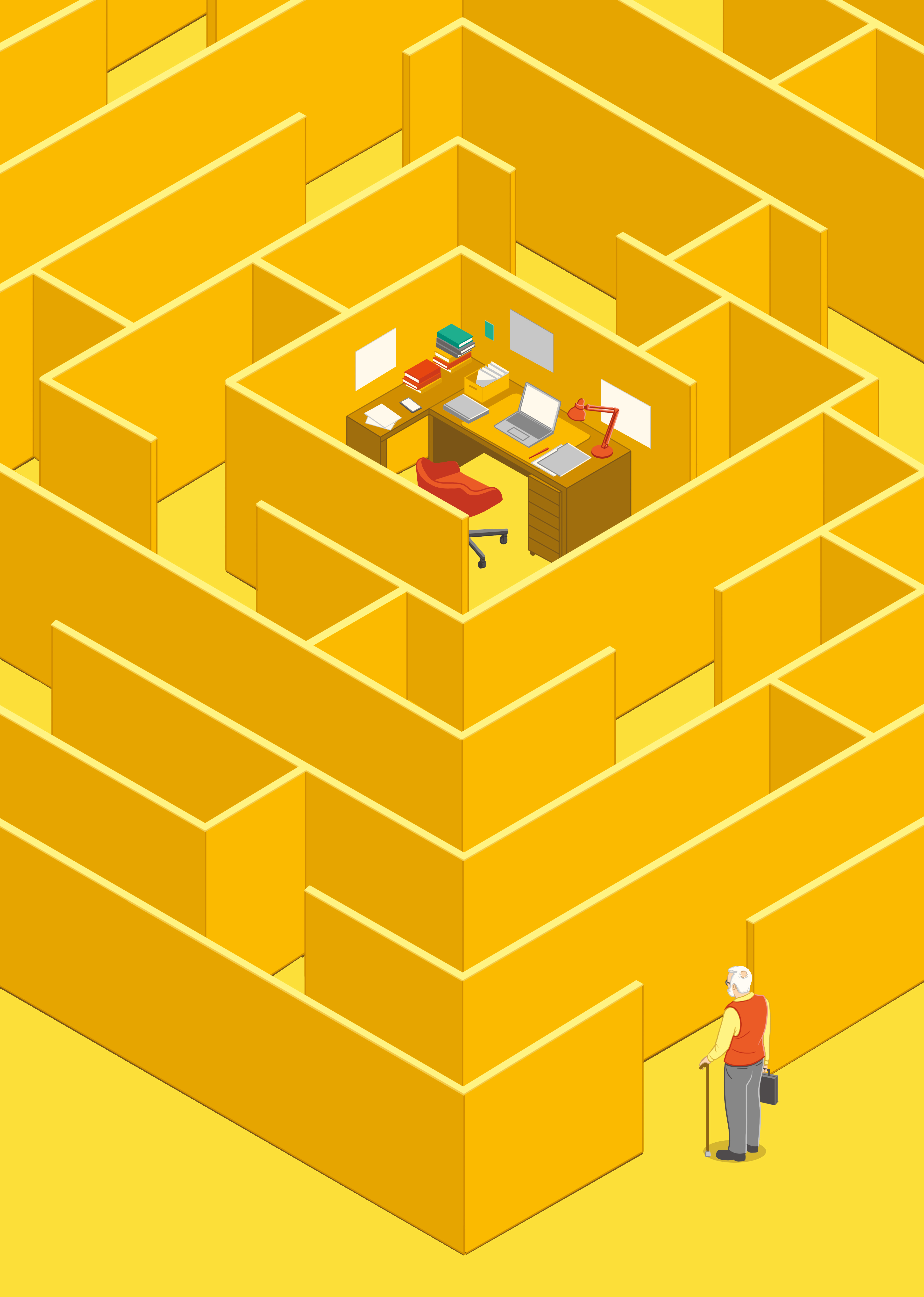 Die Illustration thematisiert mit einem Labyrinth die Arbeit nach dem Eintritt ins Rentenalter.